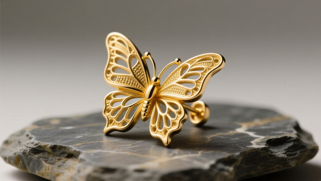 Macro shot of a 14k yellow gold butterfly earring clutch resting on textured slate, illuminated by soft directional studio lighting.