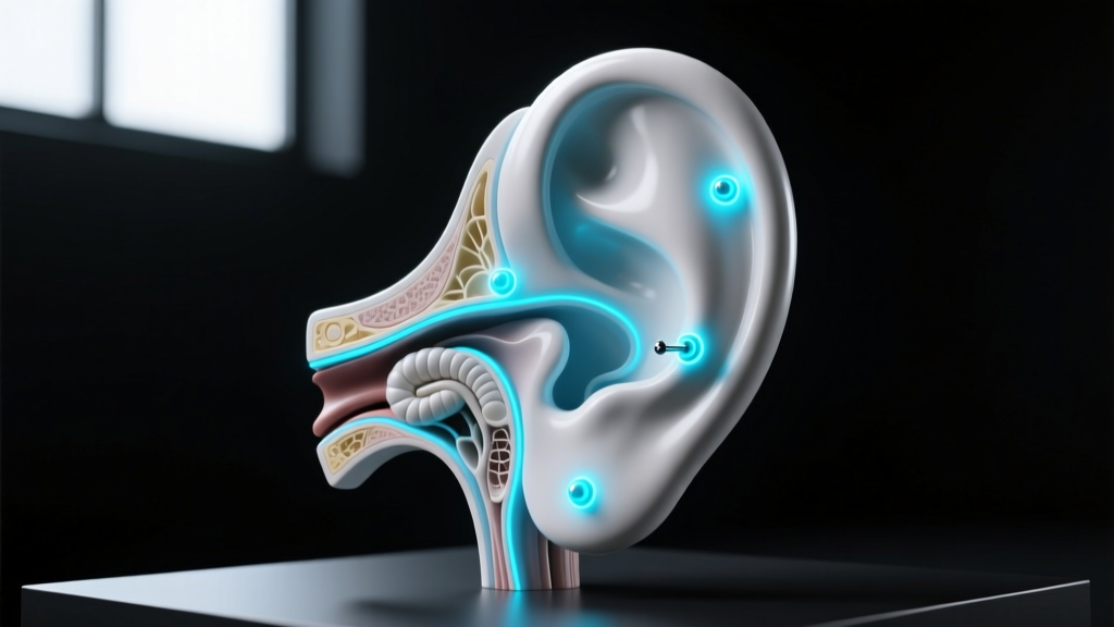 Anatomical 3D model of a human ear highlighting piercing zones with glowing nodes against a sleek, dark studio background.