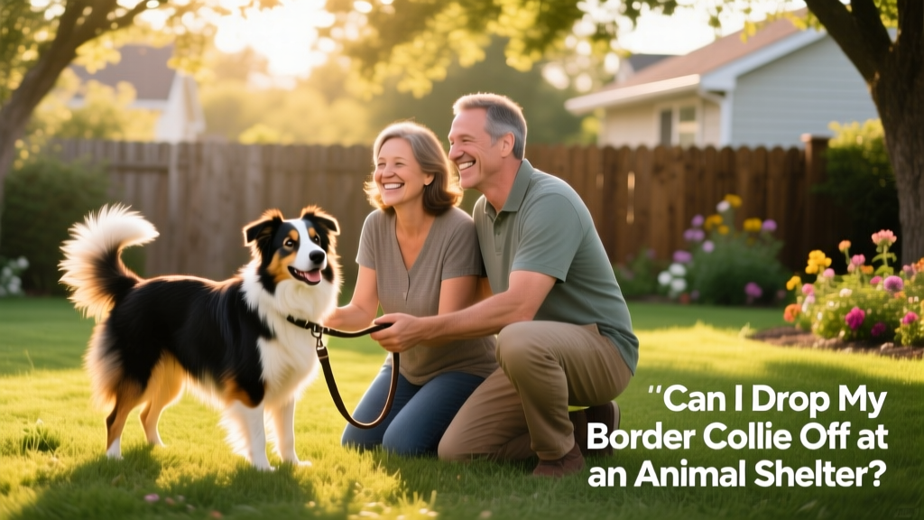 Two people smiling as they kneel beside a happy Border Collie in a sunlit backyard, symbolizing a successful adoption handoff
