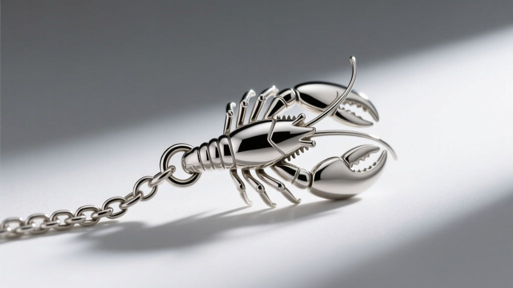 Close-up of a lobster clasp on a 2mm silver curb chain attached to a hand pendant bail, sharp focus on the metal spring mechanism