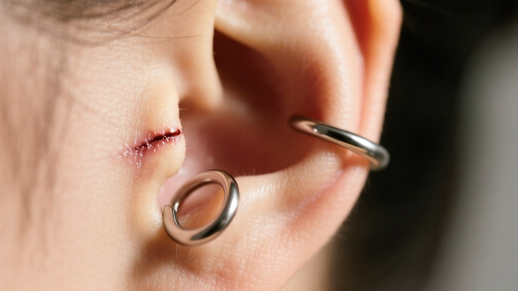 Close-up of a healed helix piercing wearing an 8mm titanium C hoop earring, showing the precise gap clearance against the skin