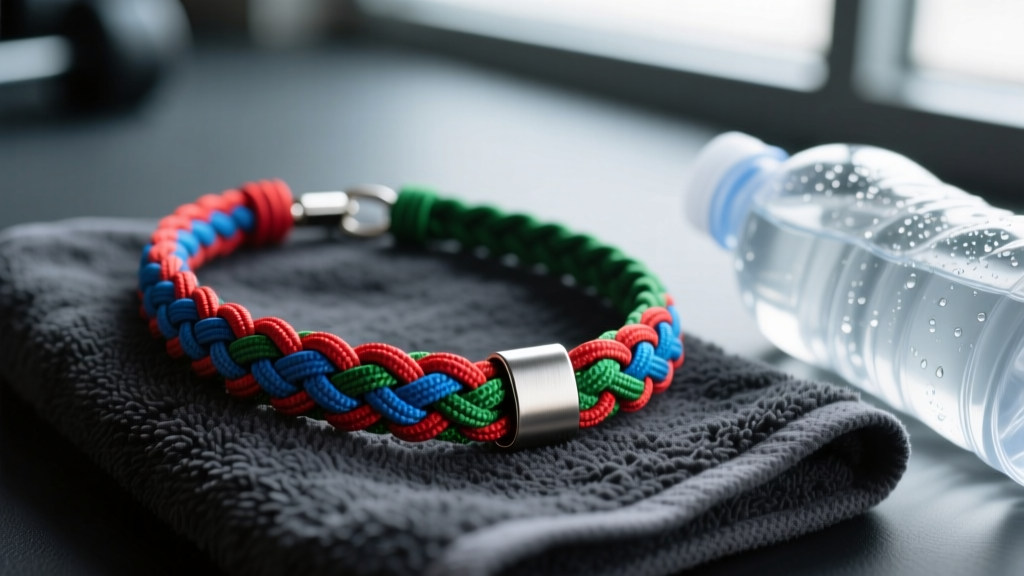 Macro shot of a braided paracord fitness necklace with a brushed steel clasp resting on a dark gym towel next to a water bottle