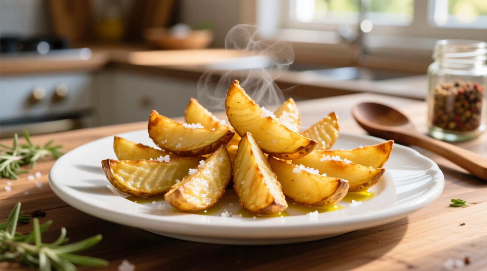 Perfectly golden air fried potato wedges on white plate