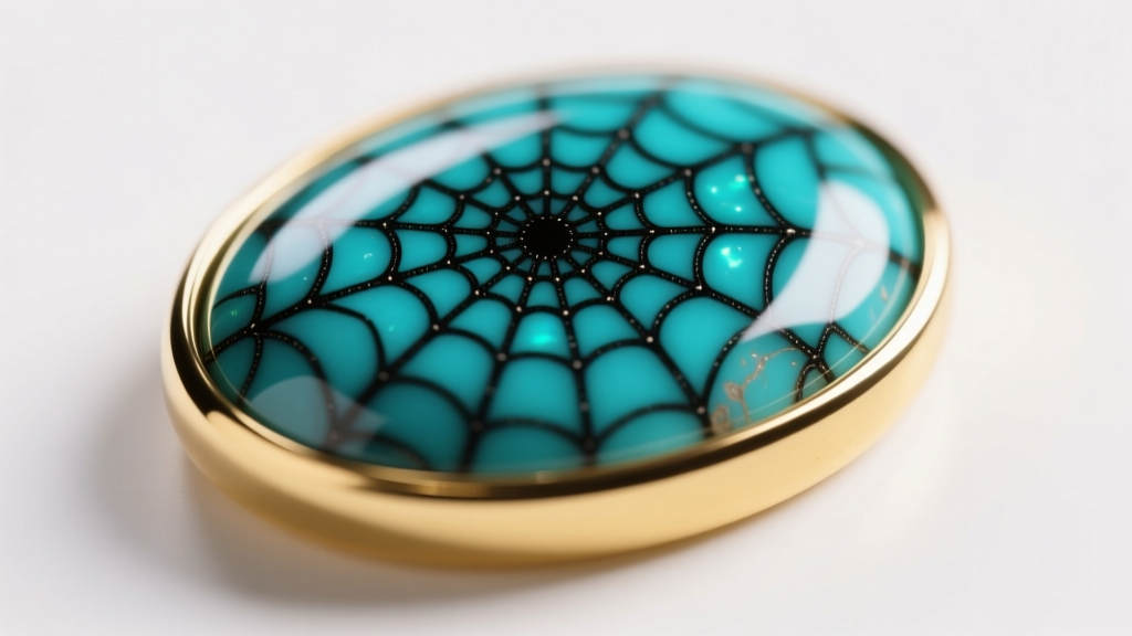Macro close-up of a natural Kingman turquoise cabochon showing intricate black spiderweb matrix, set in a 14k yellow gold bezel
