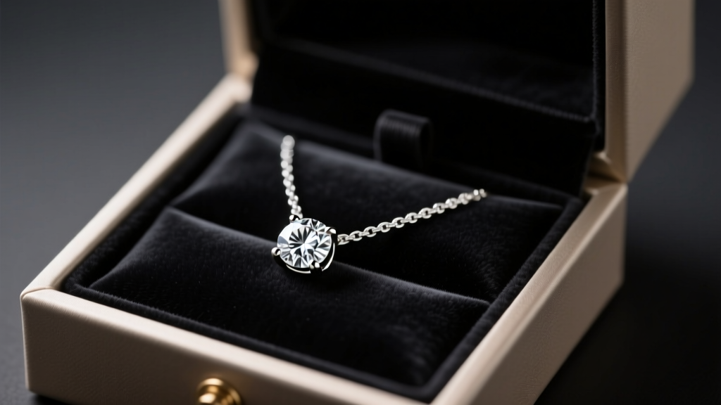 Elegant open gift box revealing a 14k white gold solitaire diamond pendant necklace on dark velvet under soft romantic lighting.