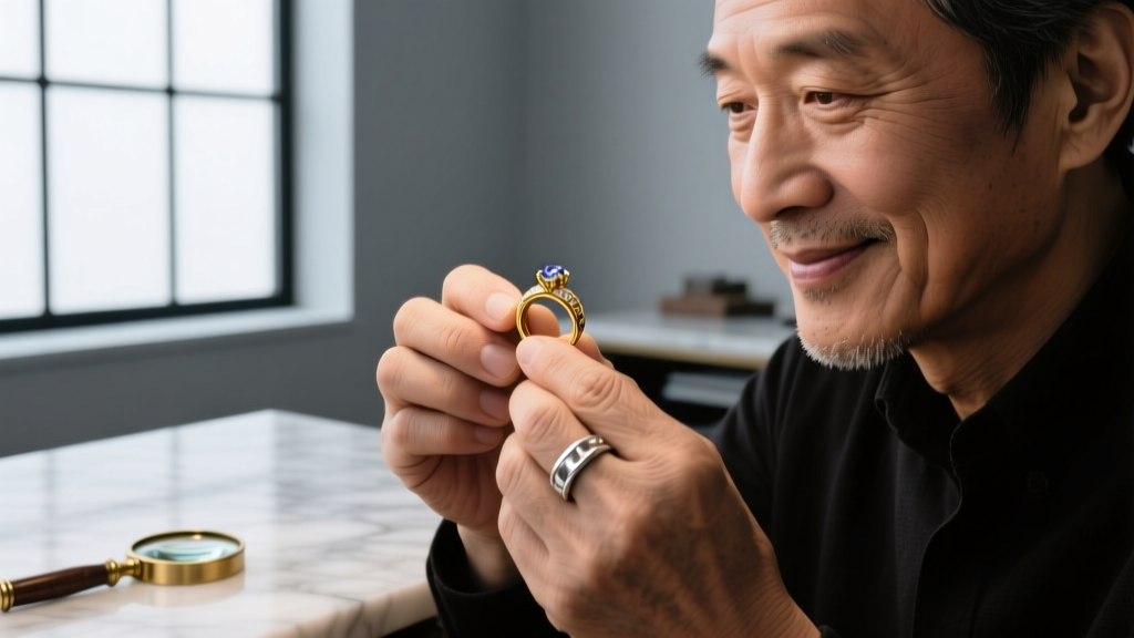 Close-up of a jeweler's loupe inspecting the hallmark on a delicate 14k gold G necklace chain, showing the 585 purity mark clearly