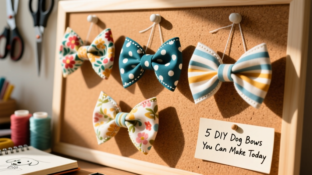Close-up of three colorful fabric dog bows pinned to a corkboard