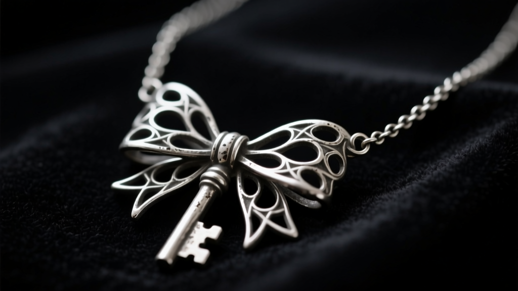 Close-up of an oxidized silver void key necklace on black velvet, highlighting the hollow filigree bow and moody gothic aesthetic.