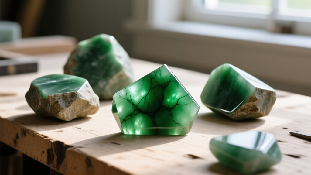 Macro shot of raw and polished Canadian nephrite jade stones showing deep green inclusions and smooth cuts on a wooden workbench
