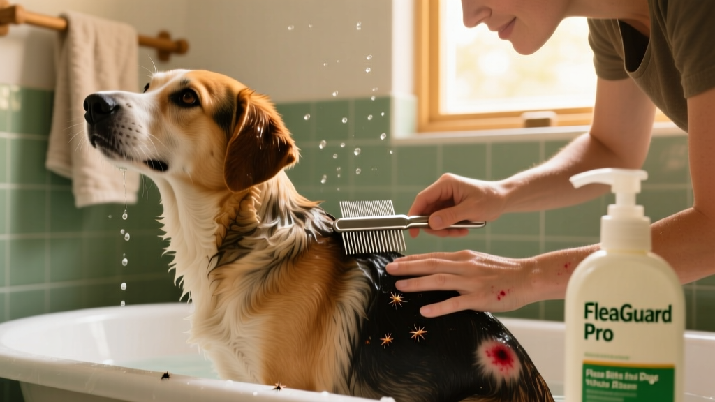 Dog being gently bathed with a flea shampoo while a pet parent uses a flea comb on its hindquarters