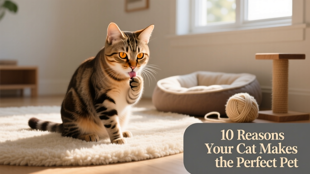 A tabby cat calmly licking its paw while sitting on a soft rug