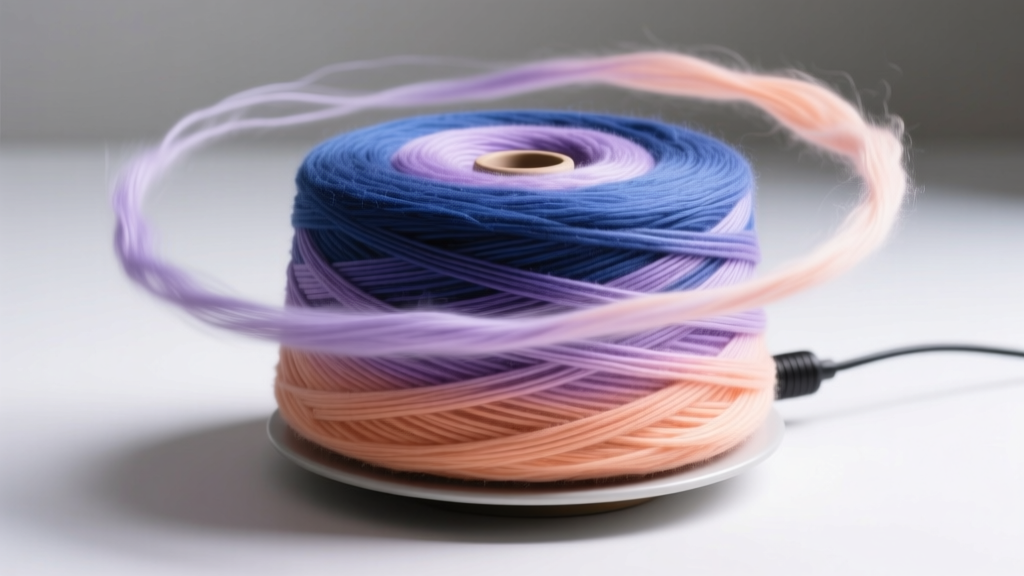 Close-up of an electric yarn winder rapidly spinning a gradient cake of fingering weight alpaca yarn under bright LED craft lighting.