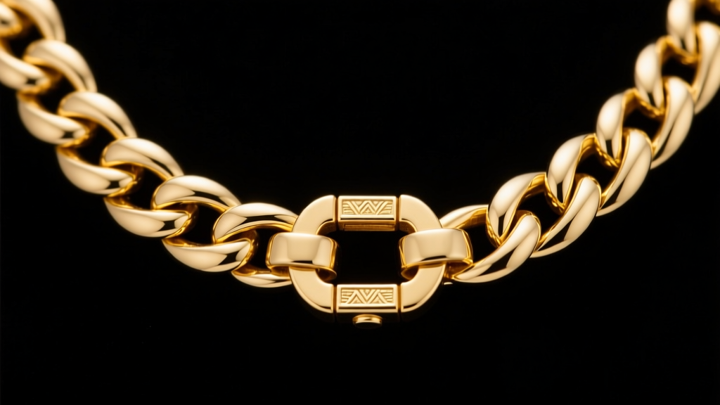 Close-up of a box clasp with dual safety latches on a thick 14k gold Cuban link chain necklace, shown under bright studio lighting