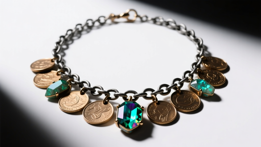 Avant-garde plunder necklace with brass coins and raw tourmaline on a 14-gauge oxidized silver chain, dramatic studio lighting