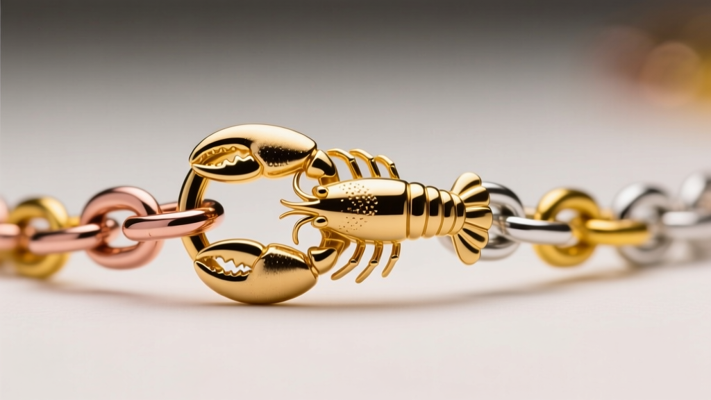 Macro view of a 14k gold lobster clasp on a tri-color chain, displaying the jump ring and trigger mechanism under soft studio light.