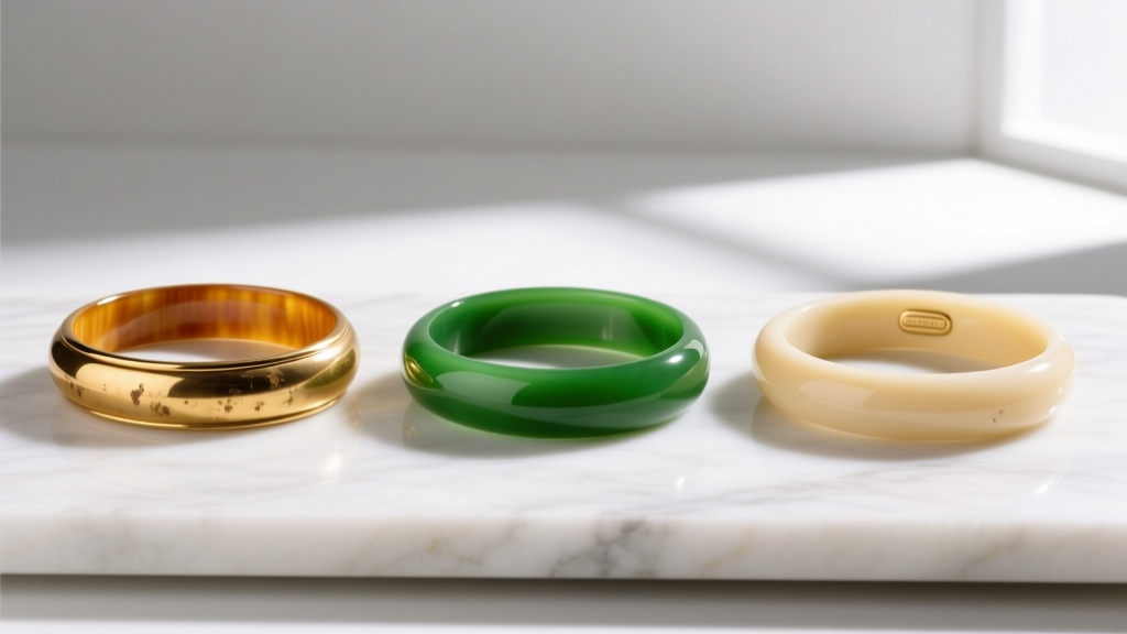 Three antique bakelite bracelets in butterscotch, apple juice, and creamed corn colors displayed neatly on a white marble surface.
