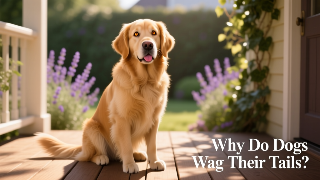 Dog sitting calmly with soft eye expression, relaxed mouth, and gently wagging tail in neutral position