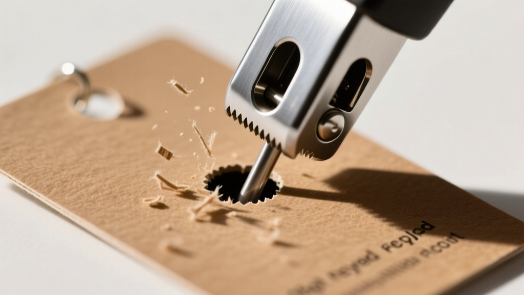 Close-up of a steel hole punch tool piercing a 16pt recycled kraft paper earring card, showing clean edges and tiny paper dust