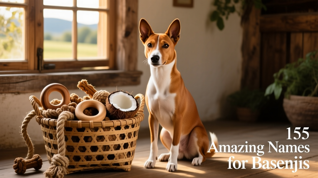 A Basenji sitting calmly beside a woven basket filled with natural toys, evoking warmth, tradition, and gentle companionship