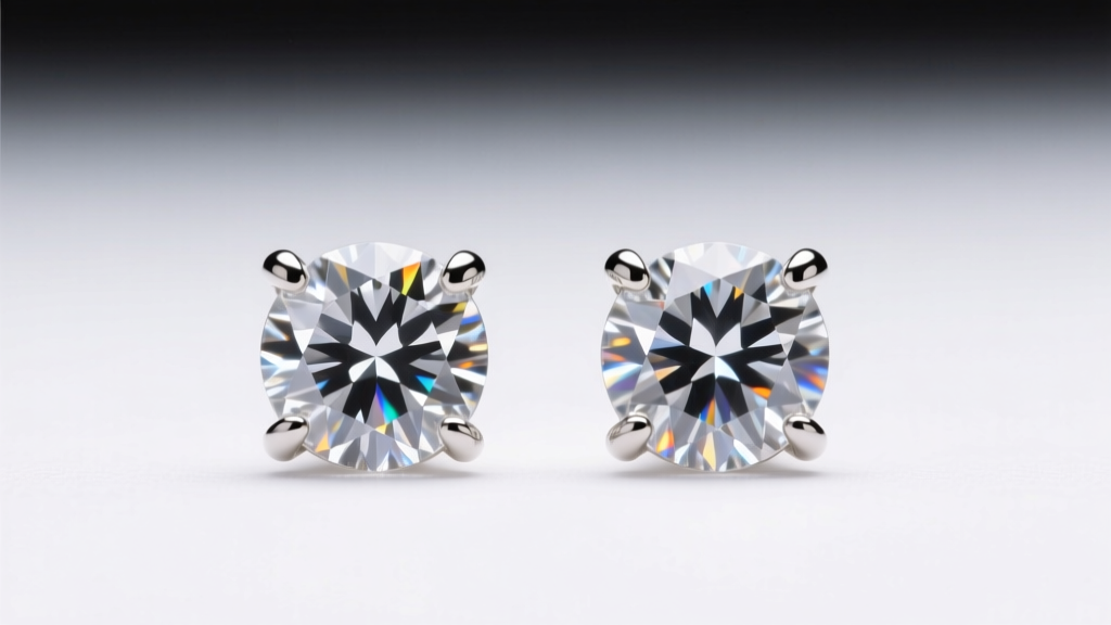 Macro shot of 1.5 carat round diamond stud earrings in polished platinum four-prong martini settings under bright studio lighting