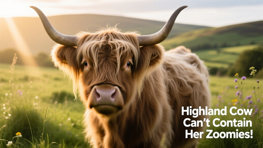 Close-up portrait of a calm, fluffy Highland cow with gentle eyes and distinctive horns, standing in a sunlit pasture