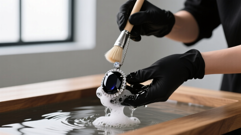 Jeweler washing a black onyx and diamond pendant with a soft brush and soapy water, avoiding ultrasonic cleaners.