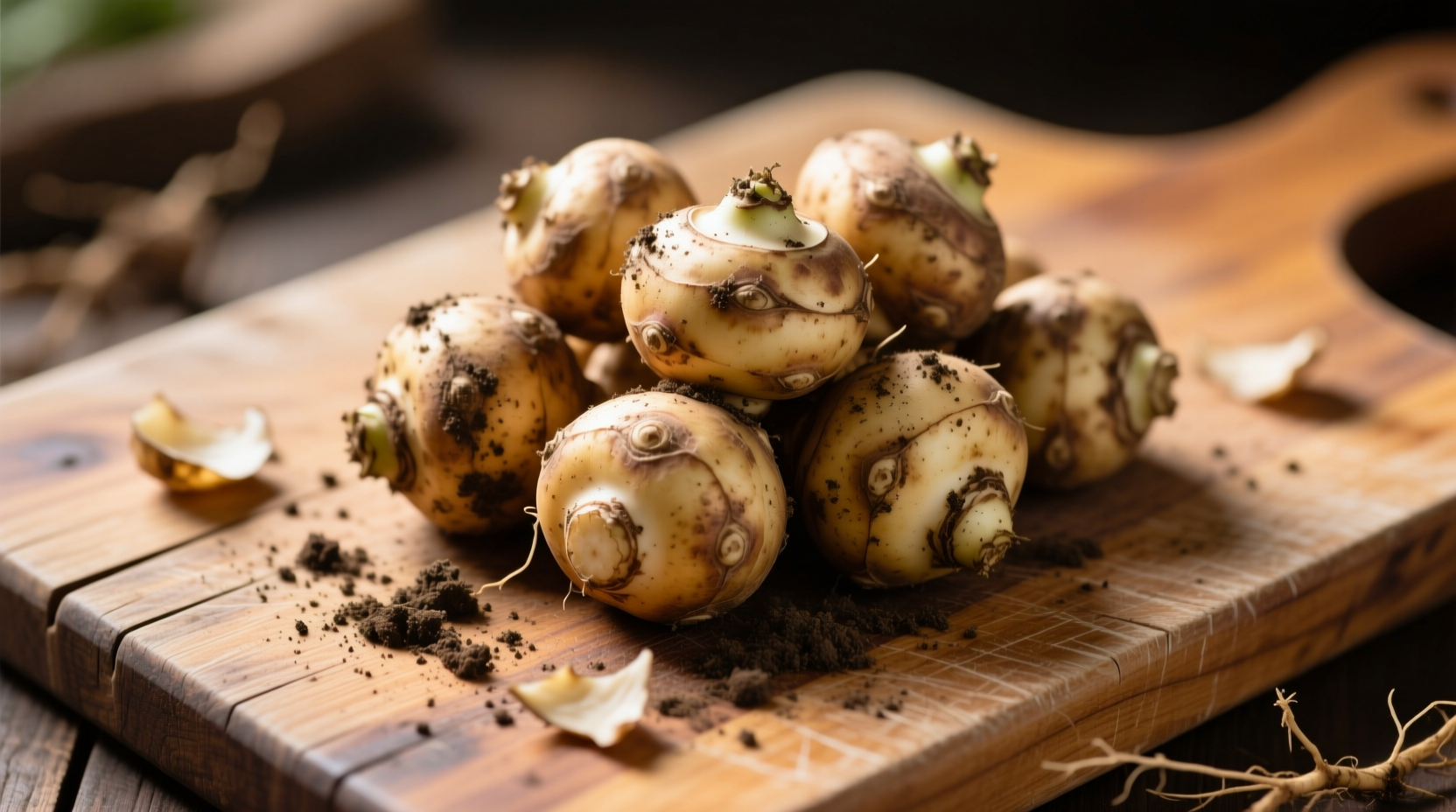 Fresh sunchokes on wooden cutting board