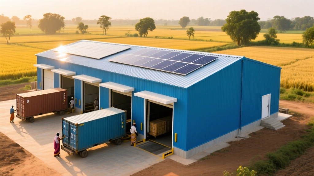 Exterior of a modern prefabricated cold storage facility in rural India with solar panels on the roof and loading docks active
