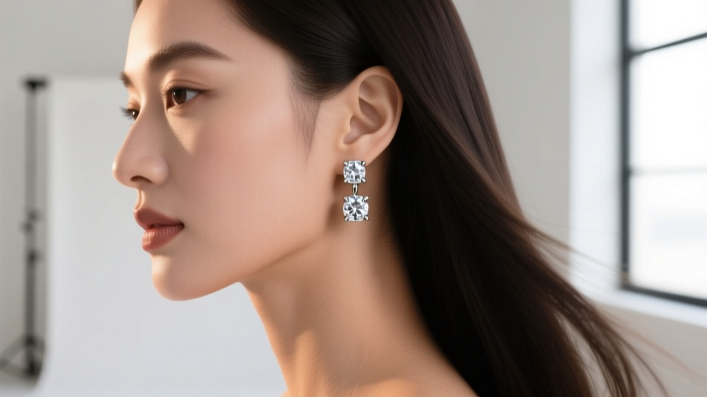 Side profile of a woman wearing 3 diamond earrings with bezel settings, showing how smooth edges prevent hair snagging.