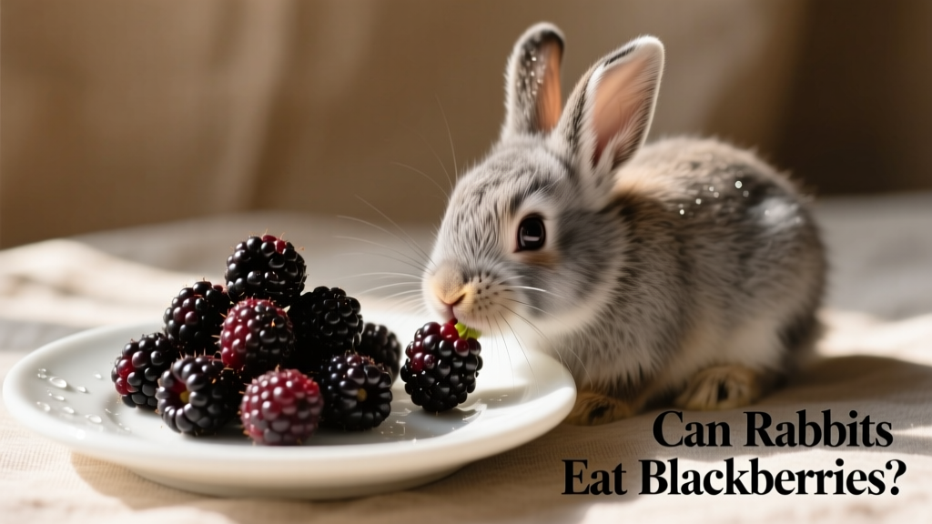 Fresh blackberries on a white plate beside a small rabbit