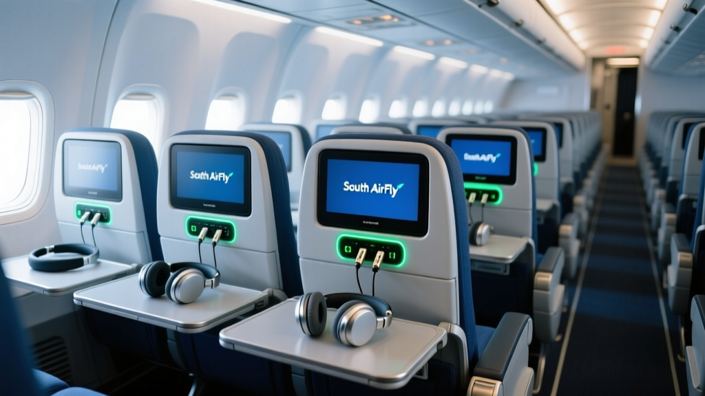 Twelve South AirFly SE plugged into an airplane seatback screen with wireless headphones resting on the tray table