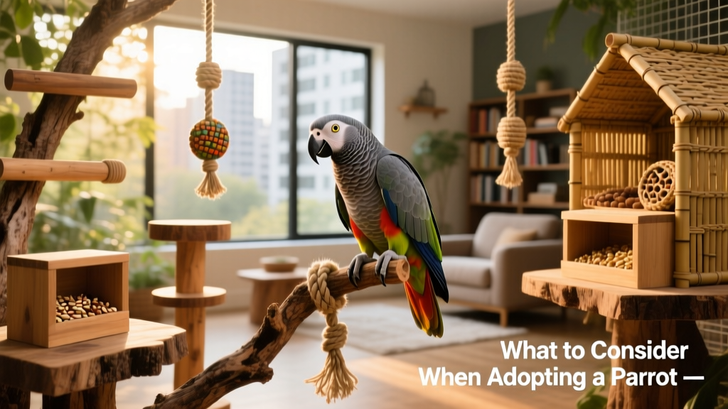 A spacious, enriched parrot habitat with multiple perches, hanging toys, foraging boxes, and natural wood elements