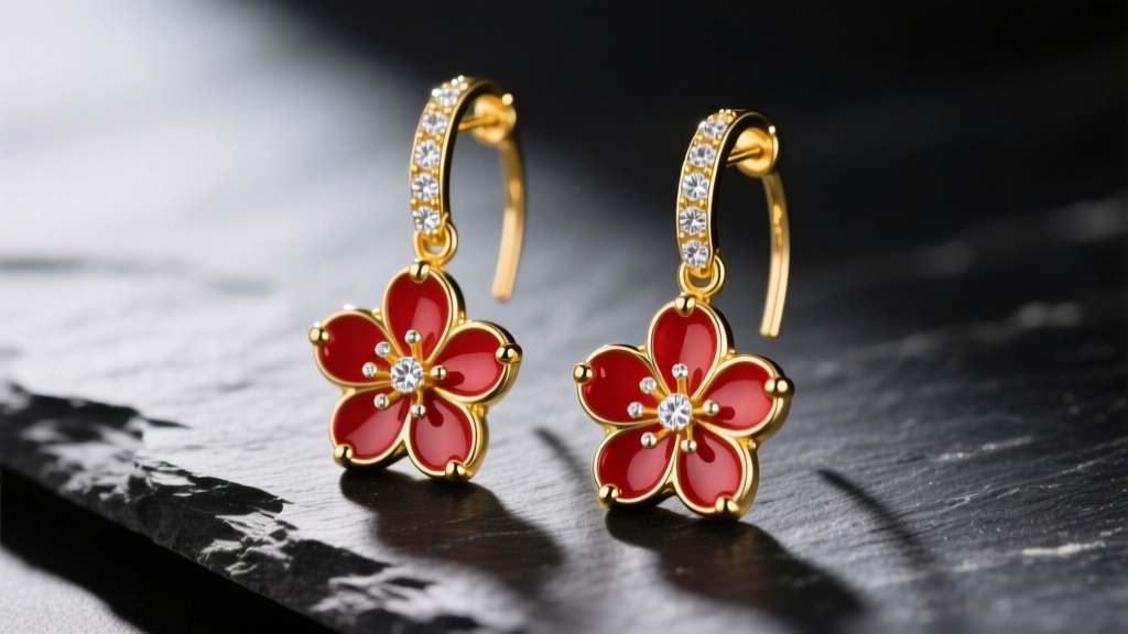 Close-up of 18k yellow gold cherry dangle earrings with vibrant red vitreous enamel and diamond stems, resting on dark slate.