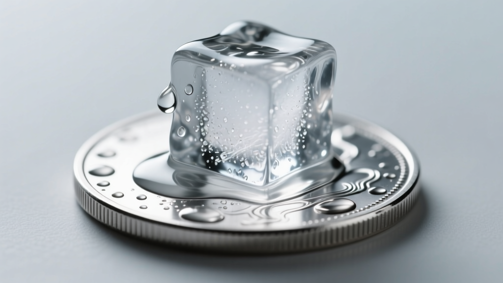 A clear ice cube melting rapidly on a thick sterling silver coin, demonstrating the metal high thermal conductivity properties.