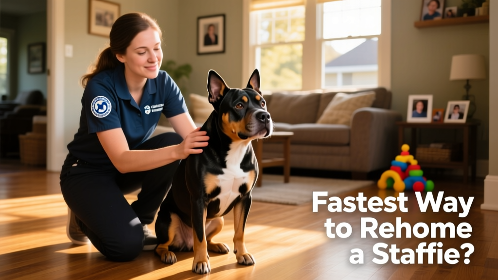 A volunteer from a rescue organization gently interacting with an American Staffordshire Terrier during a home visit