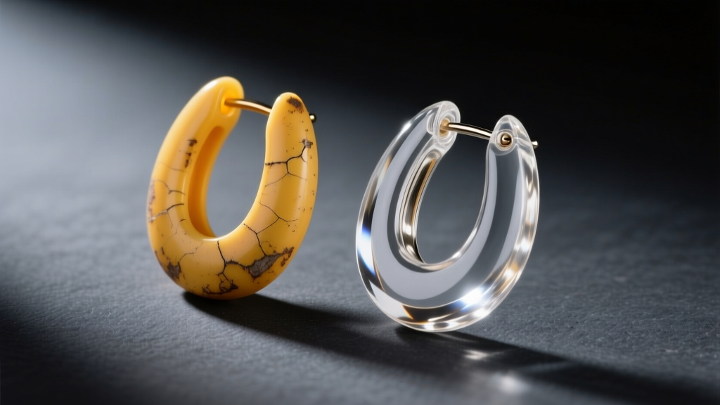 Close-up of yellowed PVC and pristine acrylic earring backs on dark slate, highlighting material degradation and optical clarity.