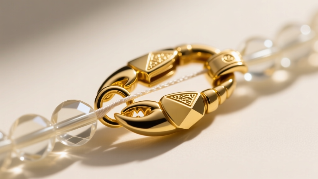 Close-up of a 14k yellow gold lobster clasp securing a strand of beads, showing the French wire tip protecting the silk thread.
