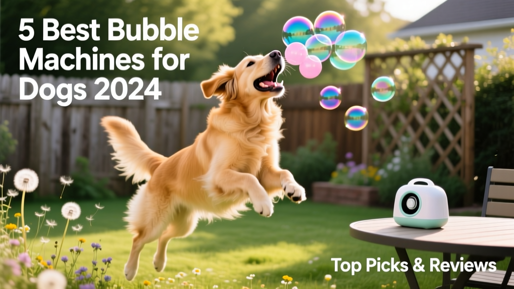 A golden retriever happily leaping to catch colorful bubbles outdoors