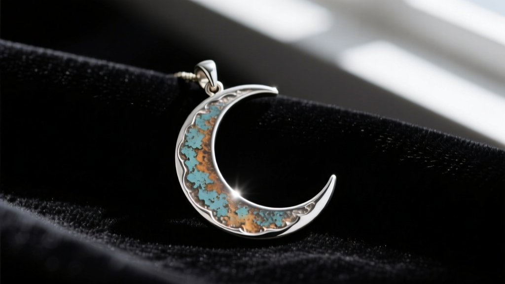 Oxidized sterling silver crescent moon pendant resting on dark velvet fabric, captured in close-up with moody, dramatic lighting.