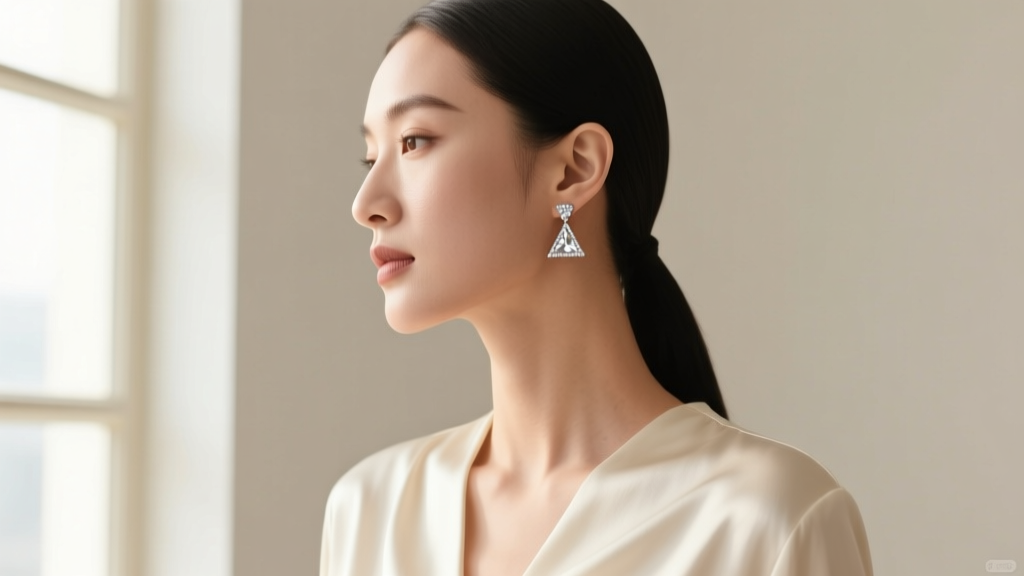 Side profile of a woman with an angular jawline wearing drop triangle diamond earrings, styled with a minimalist cream silk blouse