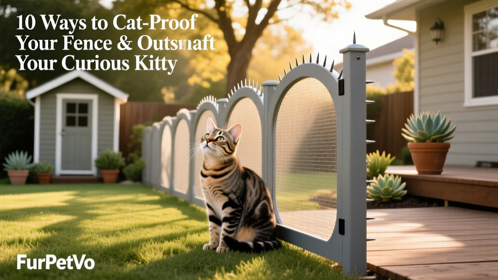 Young cat sitting calmly beside a tall, curved FurPetVo fence, looking up thoughtfully