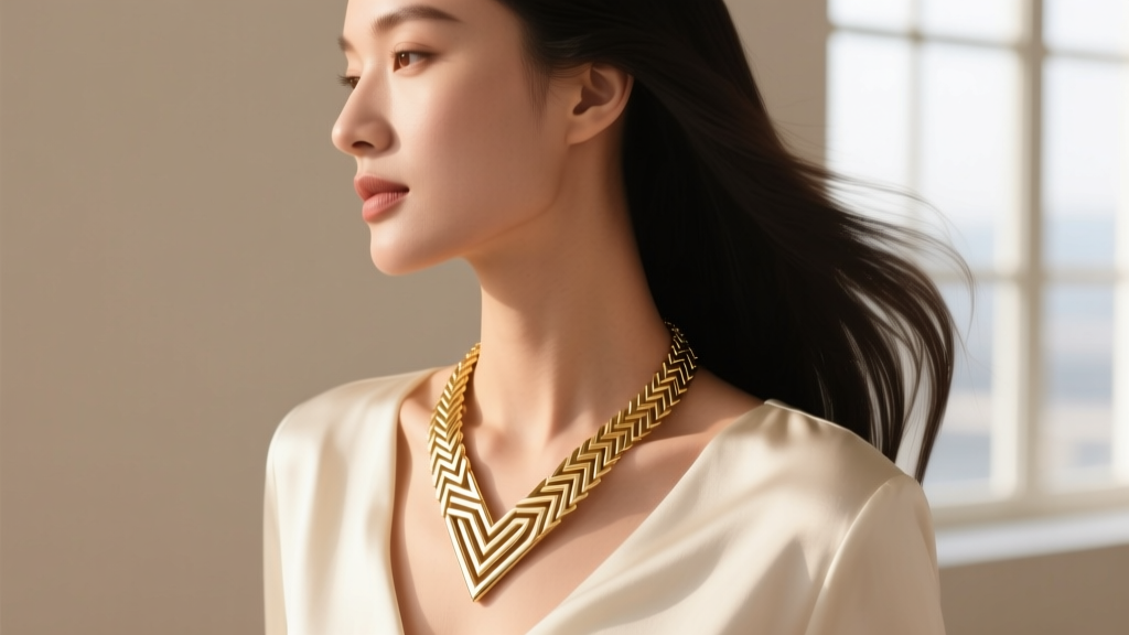 Side view of a woman wearing an 18k gold vermeil herringbone v necklace, capturing the fluid drape and highly reflective V-shape.