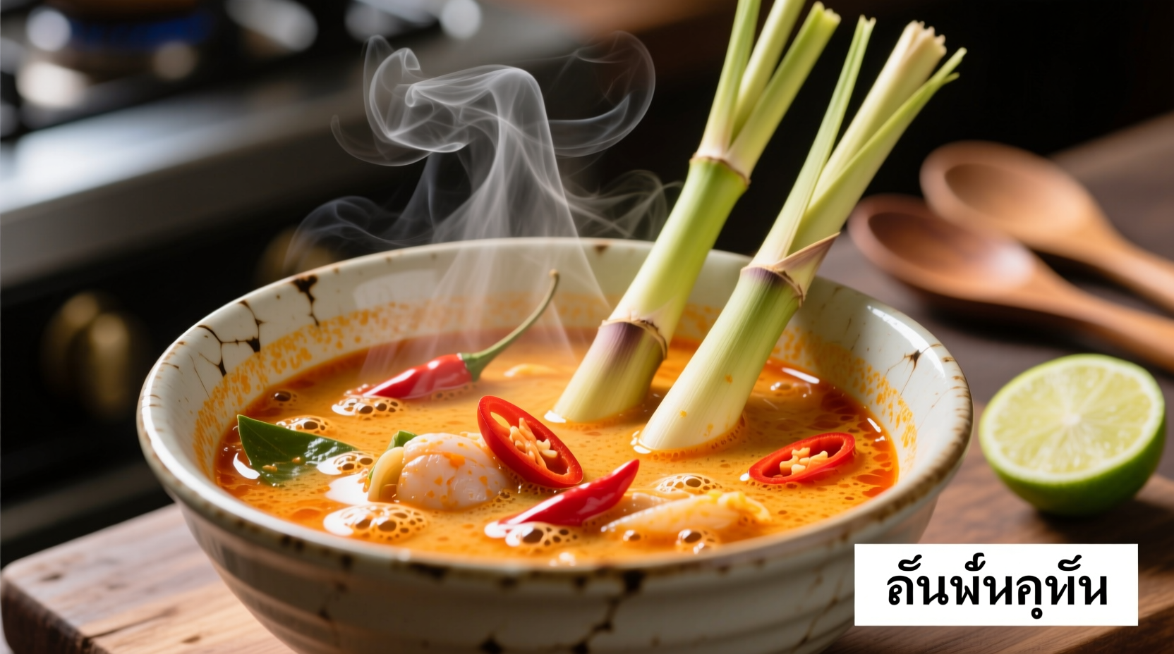 Steaming bowl of tom yum goong with visible lemongrass and chili