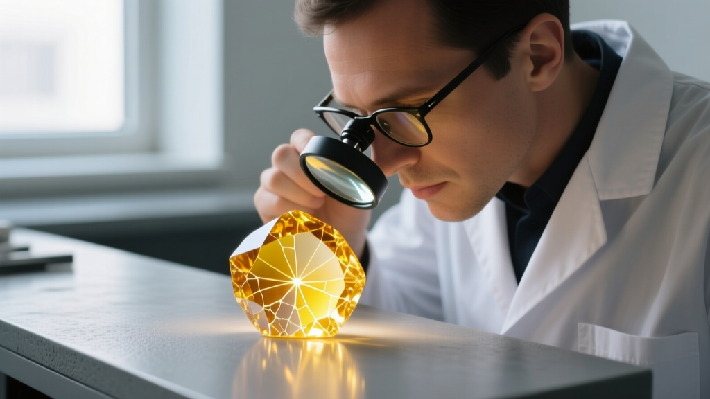 Jeweler examining heat-treated lemon quartz with a loupe, revealing stress fractures and color zoning inside the gem.