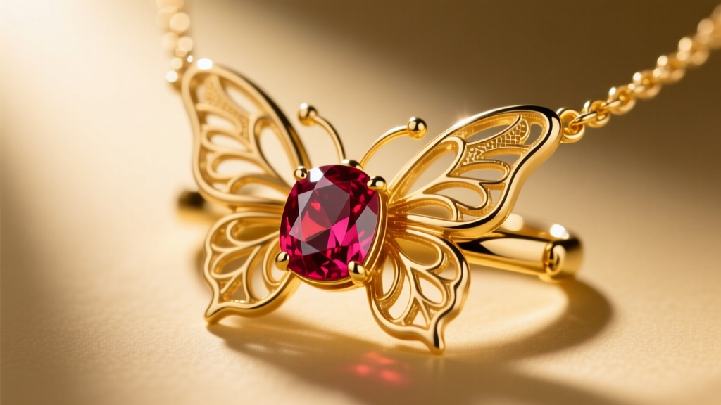 Macro shot of the signature hidden synthetic ruby set inside the 18k yellow gold lobster clasp of a luxury butterfly necklace.