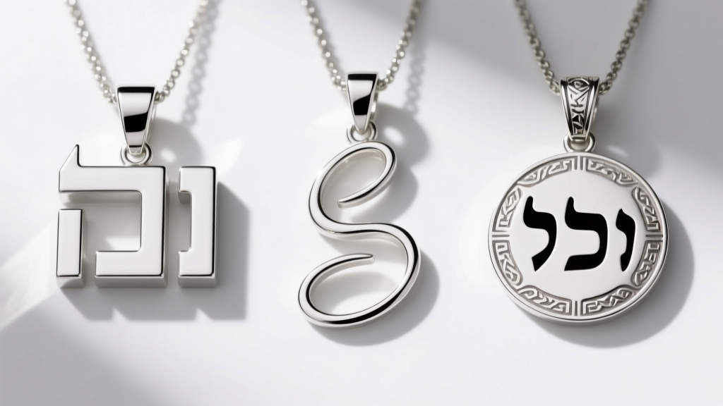 Macro shot of three Hebrew pendant styles side-by-side: modern block, flowing cursive, and traditional Rashi script in silver.