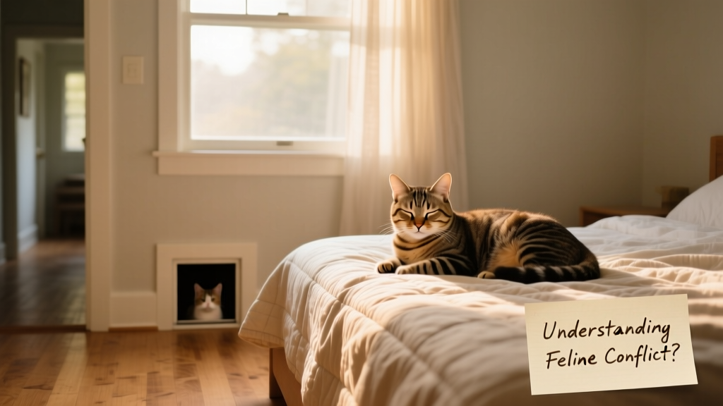 A cat calmly resting in a quiet bedroom accessed through a small, collar-activated cat door