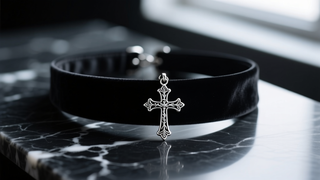 Close-up of a black velvet choker with an ornate silver gothic cross pendant on dark marble, featuring moody cinematic lighting.