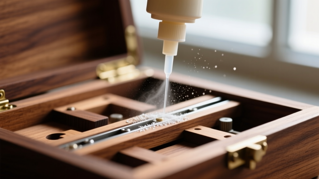 Macro view of a wooden sliding track in a puzzle box, showing a nozzle applying dry PTFE lubricant to the internal wood mechanism.