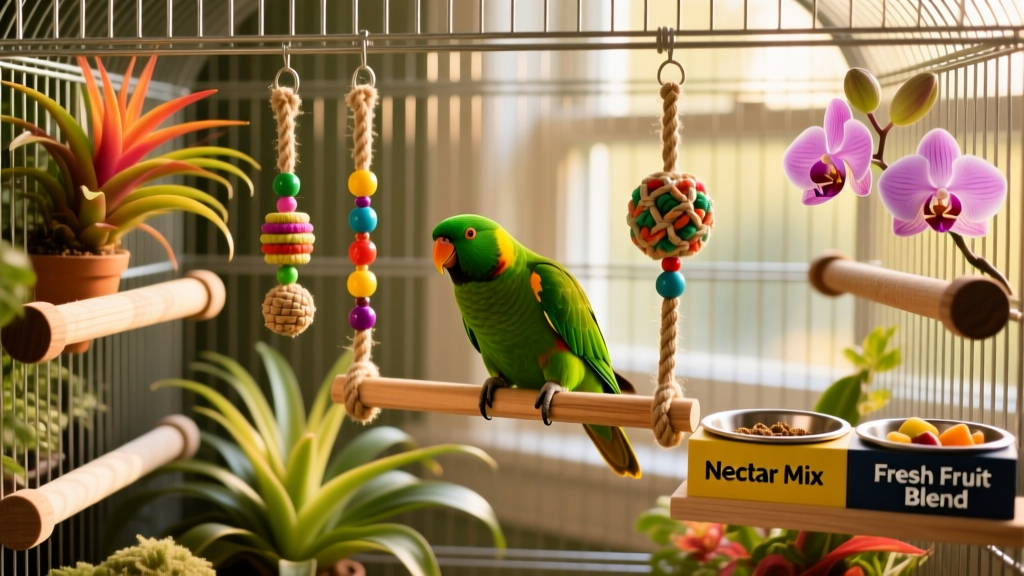 Close-up of a well-organized lory cage featuring varied perches, hanging toys, and labeled food dishes